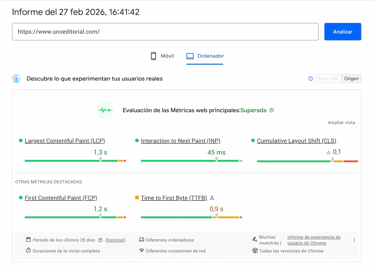 Resultados de PageSpeed Insights en un proyecto real desarrollado con Breakdance Builder