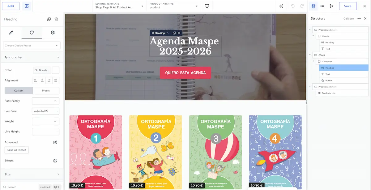 Interfaz del editor Breakdance Builder: panel de elementos a la izquierda, canvas en tiempo real y controles de propiedades a la derecha