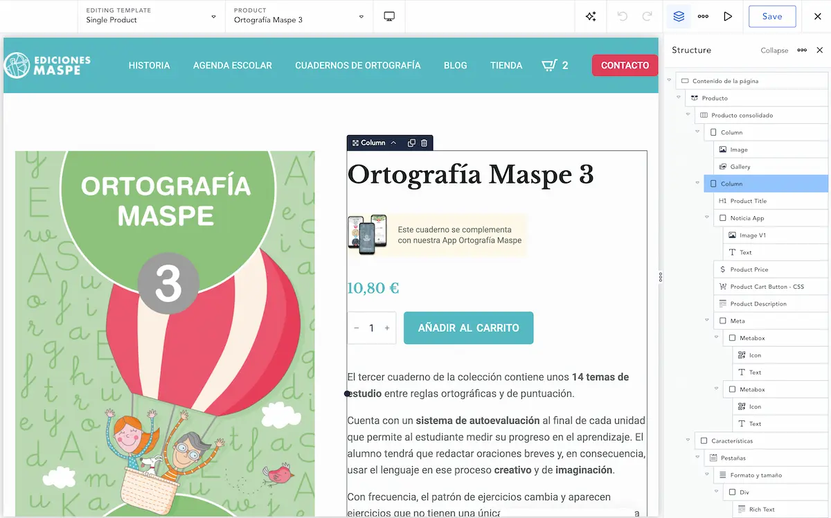 Página de producto WooCommerce personalizada con Breakdance Builder, con diseño propio en lugar del aspecto estándar de WooCommerce