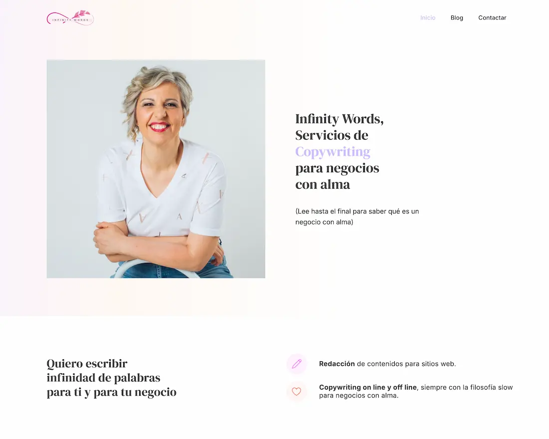 Web de Infinitywords, marca personal de Angélica Álvarez, copywriting para negocios