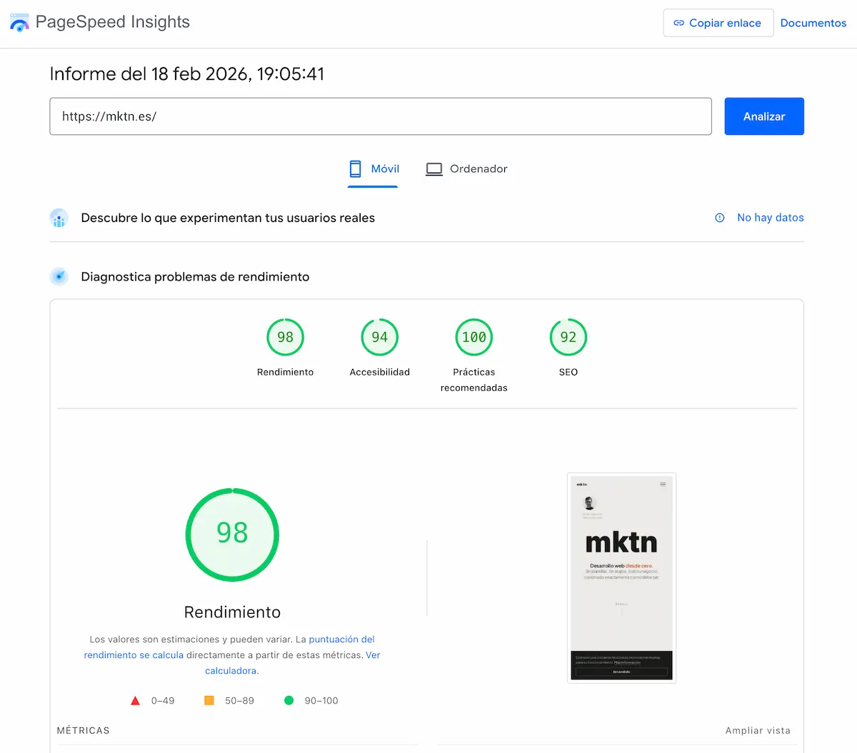 Resultados de PageSpeed Insights en un proyecto real desarrollado con Breakdance Builder