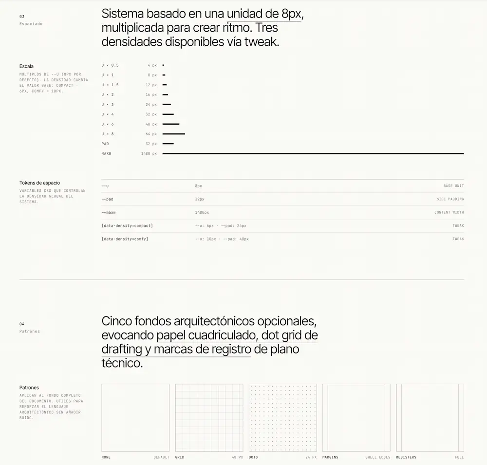 Documentación del sistema de diseño del proyecto del arquitecto: tabla de escala basada en unidad de 8px y patrones de fondo que evocan herramientas de dibujo técnico