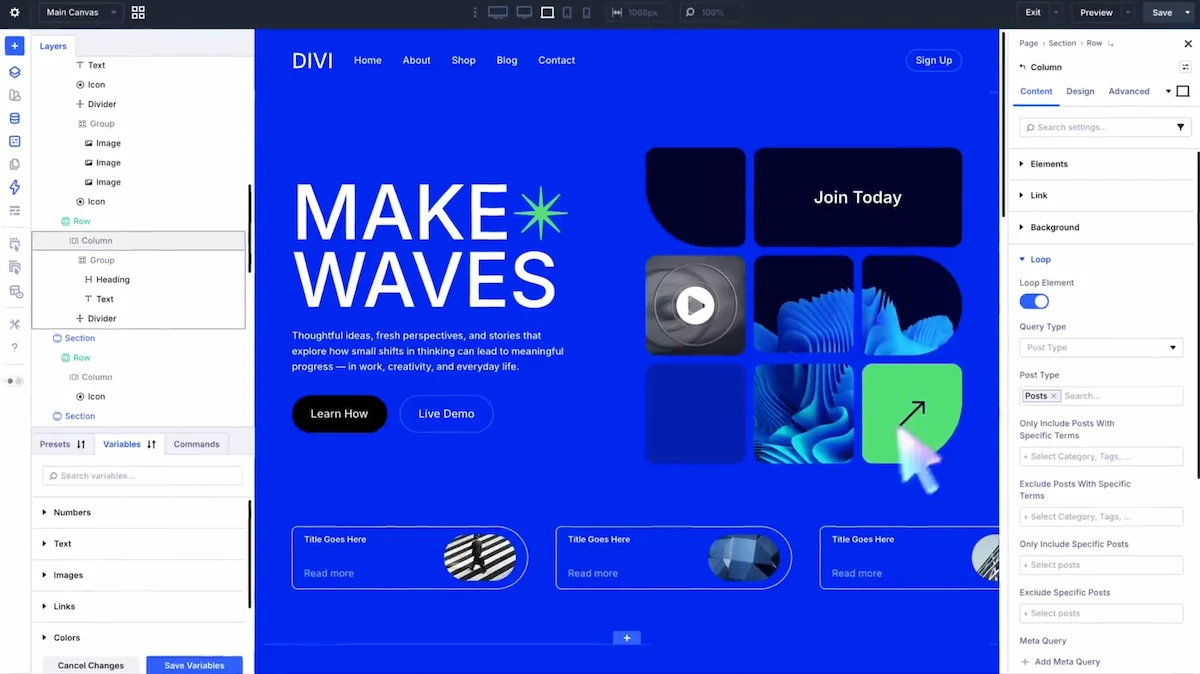 Interfaz del editor visual de Divi Builder con controles contextuales sobre el elemento