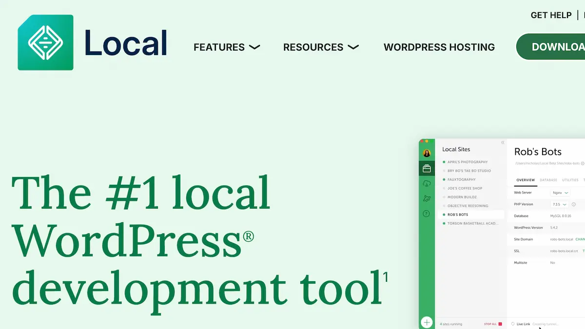Interfaz de Local by Flywheel mostrando la pestaña Overview con la configuración del sitio: servidor Nginx, PHP 7.3.5, MySQL 8.0.16 y WordPress 5.4.2