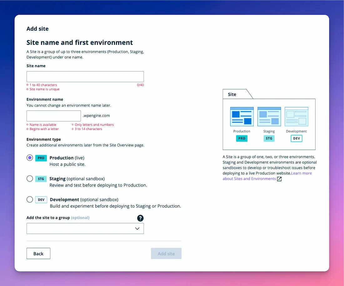 Panel de WP Engine mostrando el entorno de staging activo junto al sitio de producción