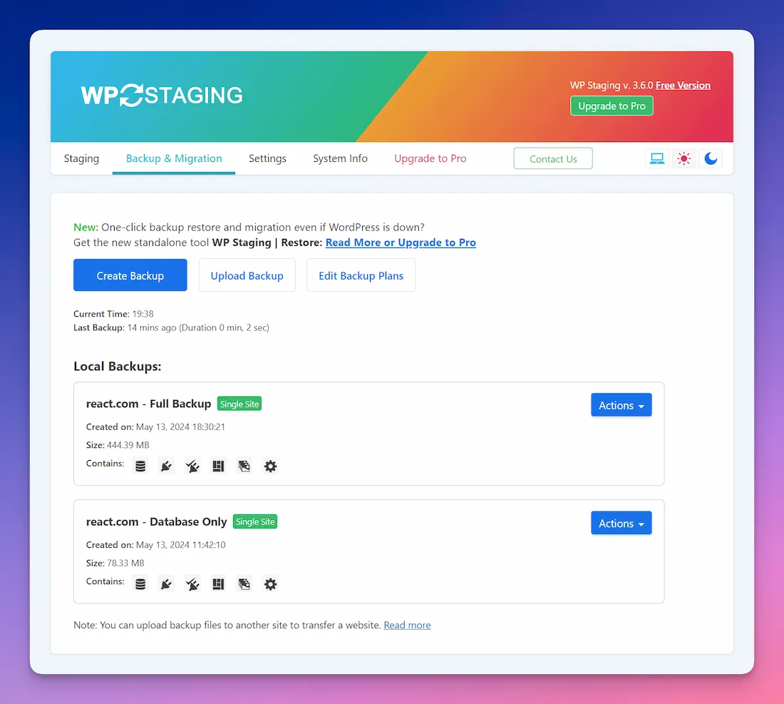 Plugin WP Staging en el panel de WordPress mostrando el proceso de creación de un entorno de staging