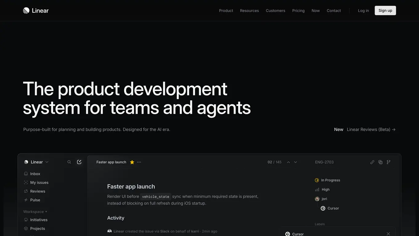 Homepage de Linear: diseño oscuro, tipografía limpia, jerarquía visual sin ruido