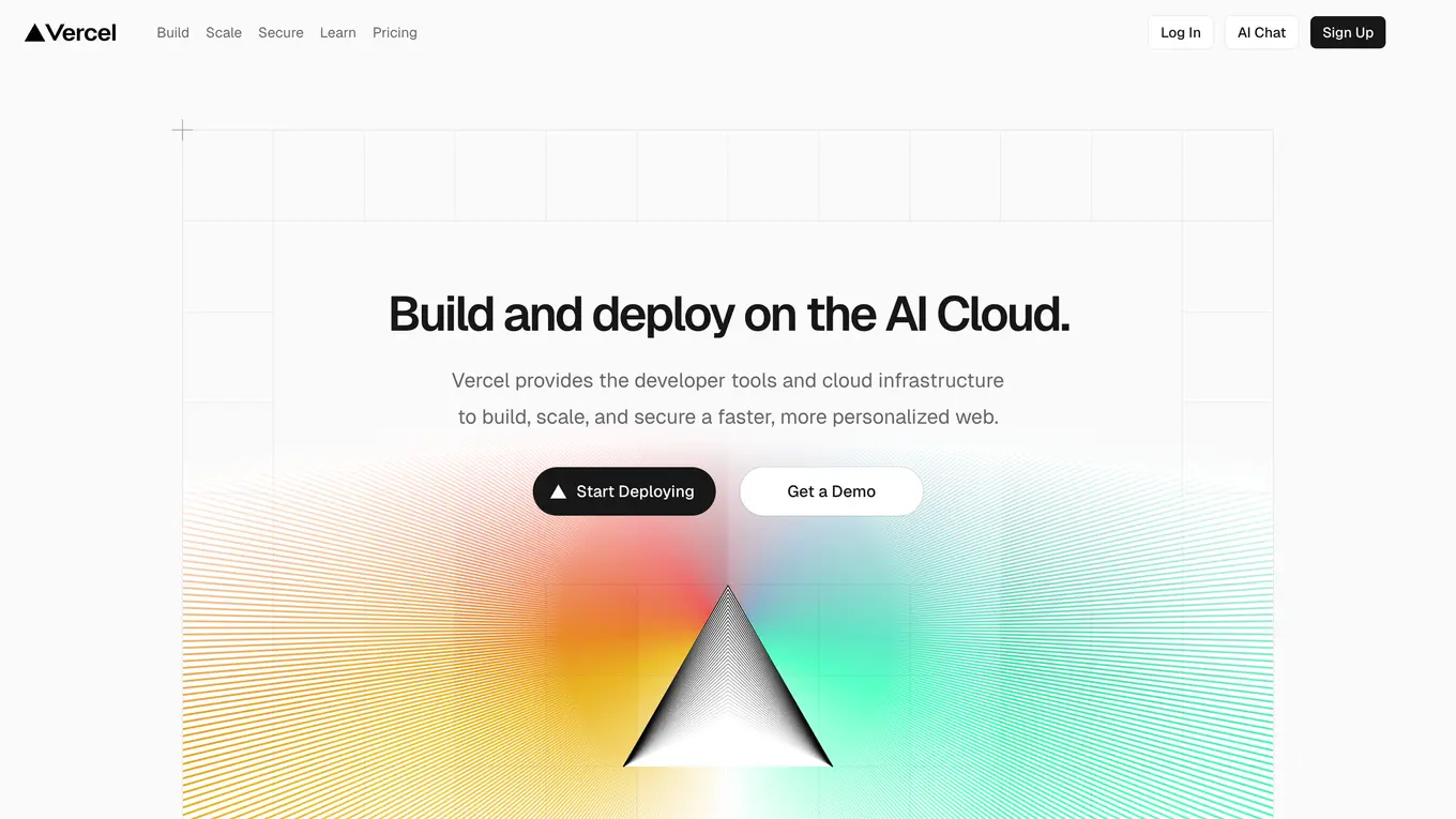 Homepage de Vercel: plataforma de desarrollo moderna con diseño limpio orientado al producto