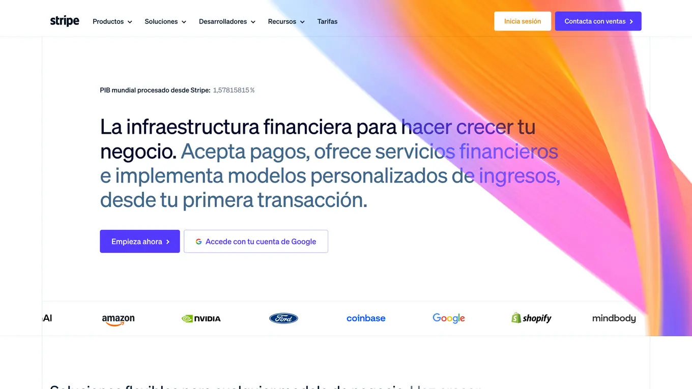 Homepage de Stripe: diseño complejo con jerarquía clara y excelente adaptación a cualquier dispositivo