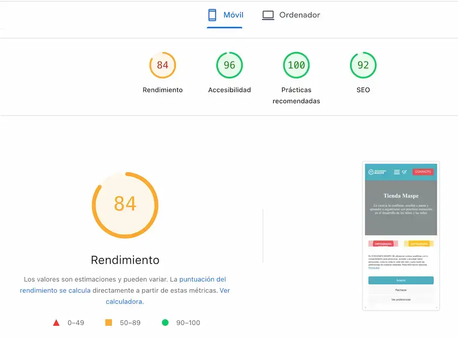 PageSpeed Insights en móvil para tienda WooCommerce en Raiola Networks: score alto con Core Web Vitals en verde y TTFB bajo