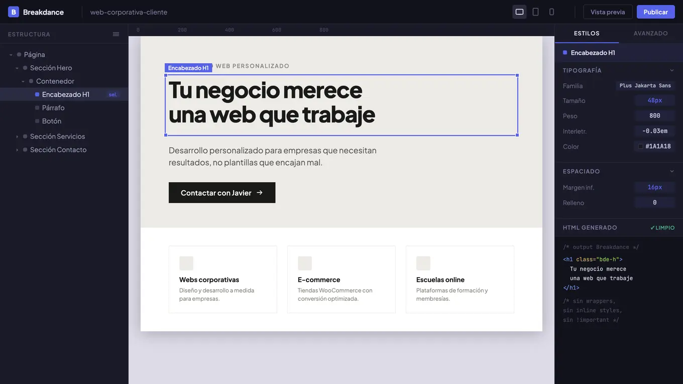 Interfaz de Breakdance Builder: panel de estructura a la izquierda, canvas con web corporativa en edición al centro, panel de estilos y HTML generado a la derecha