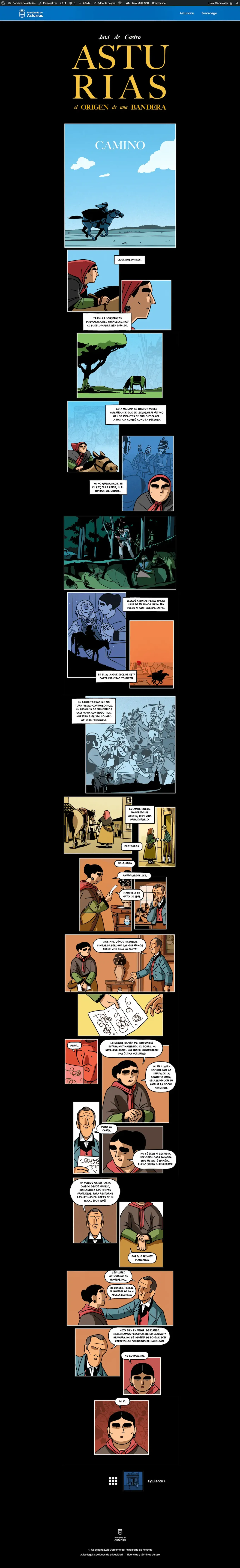 Página de lectura de un capítulo del webcómic, con viñetas de ilustración histórica en estilo cinematográfico