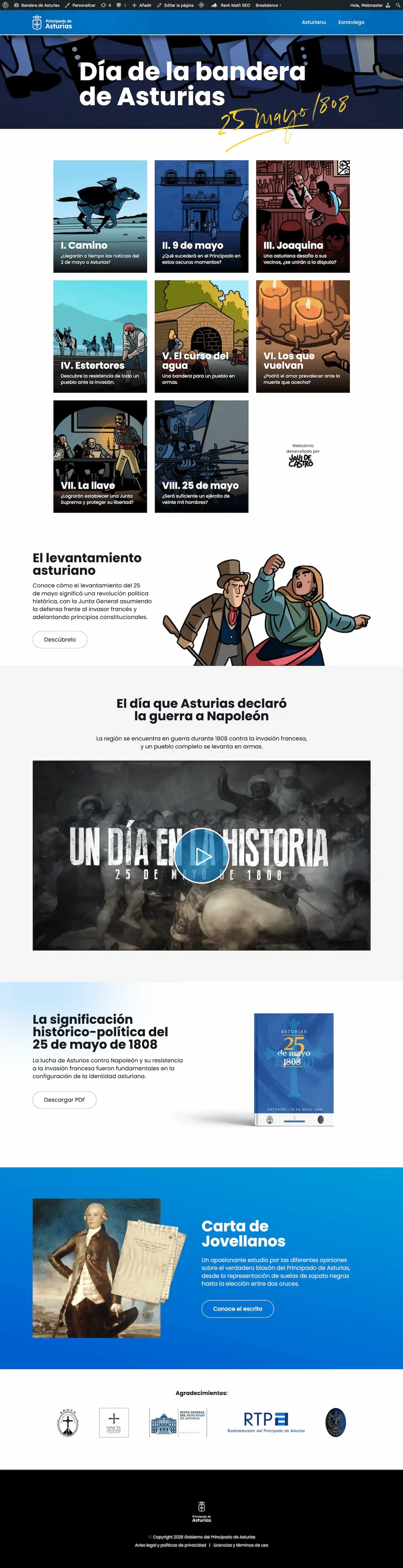 Portada del webcómic El origen de la bandera asturiana: grid de capítulos sobre fondo oscuro