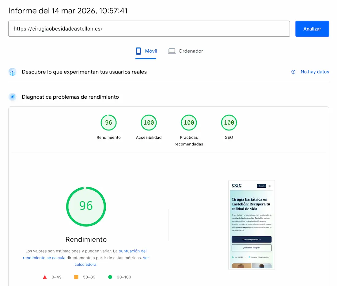 Métricas PageSpeed antes y después: accesibilidad de 73 a 95/100, CLS eliminado