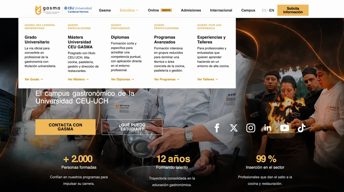 Menú Estudios desplegado en la web de Gasma con Grado, Másteres, Diplomas, Programas Avanzados y Talleres