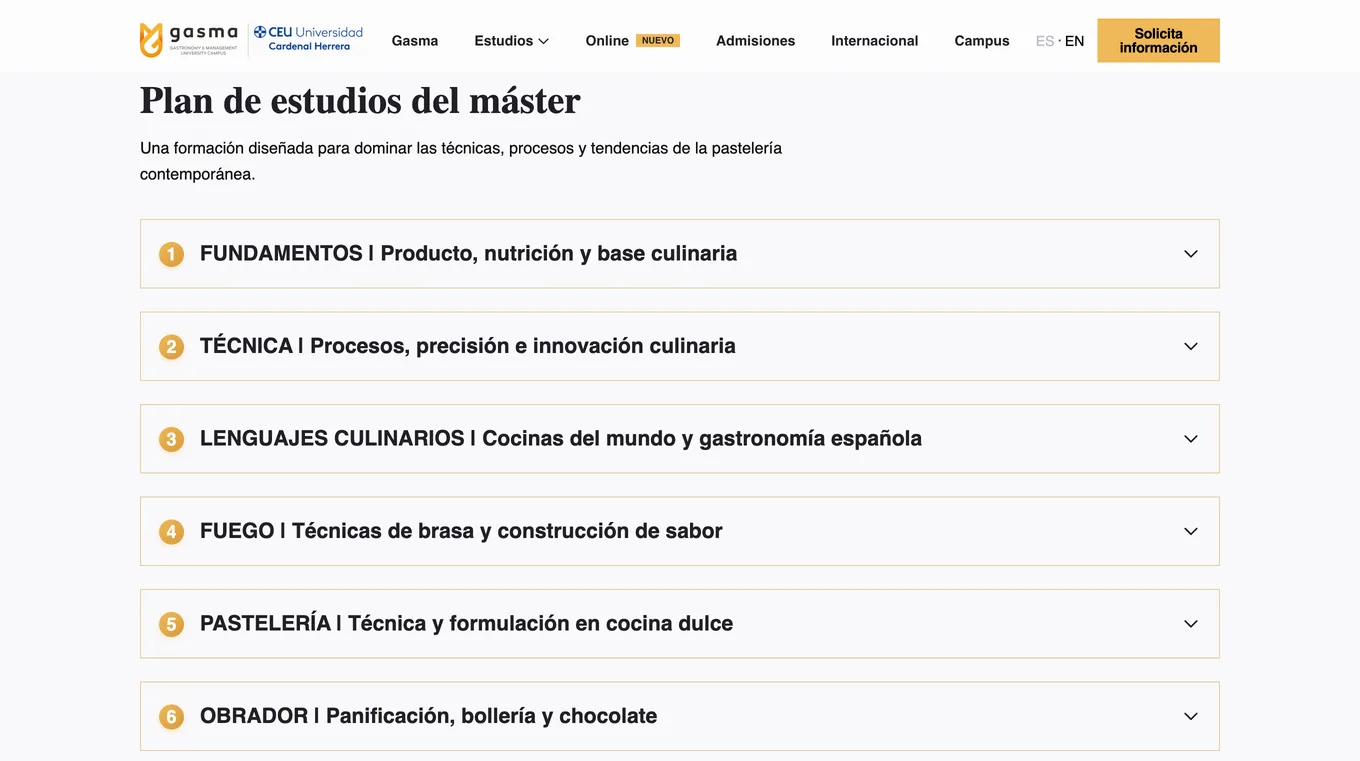 Plan de estudios en acordeón del máster de Gasma con módulos de fundamentos, técnica, lenguajes culinarios, fuego y pastelería