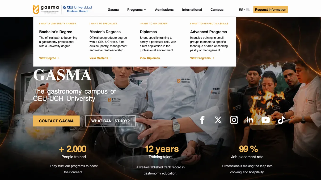 Portada en inglés de la web de Gasma con el menú Programs desplegado