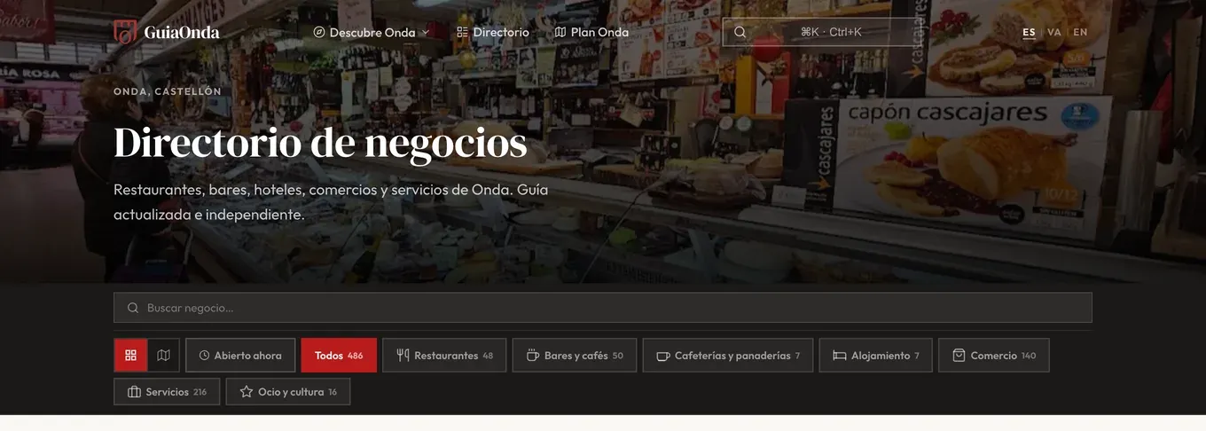 Directorio de negocios de GuiaOnda con buscador y filtros por categoría, con 486 negocios