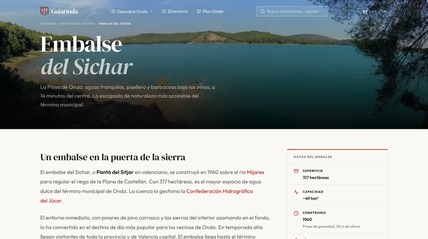 Página del Embalse del Sichar en GuiaOnda con datos del embalse