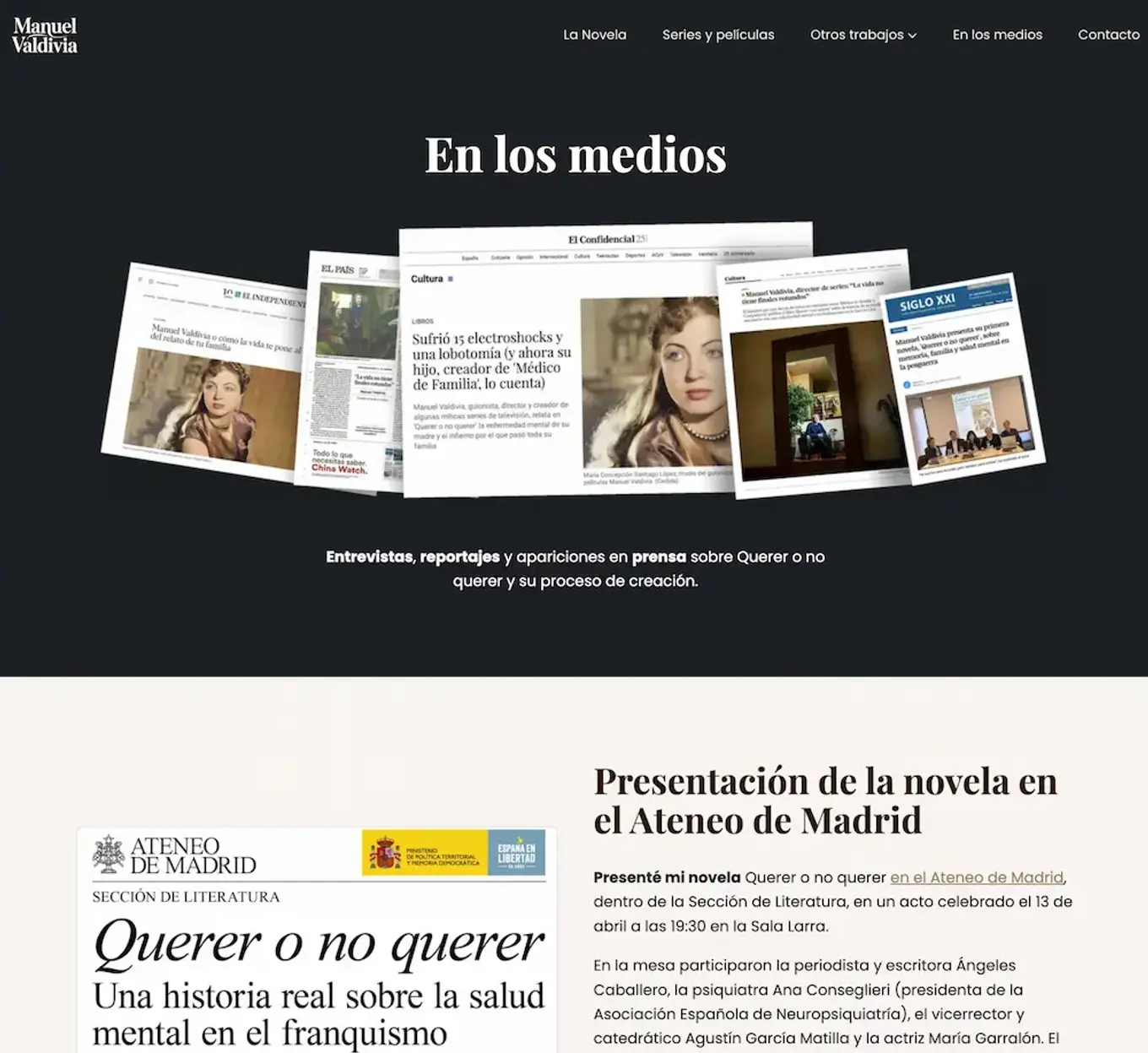 Sección En los medios de manuelvaldivia.es, con recortes de prensa y la presentación de la novela en el Ateneo de Madrid