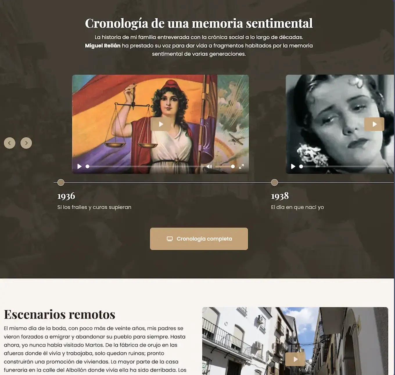 Cronología de una memoria sentimental, con vídeos narrados por Miguel Rellán en la página de la novela de manuelvaldivia.es