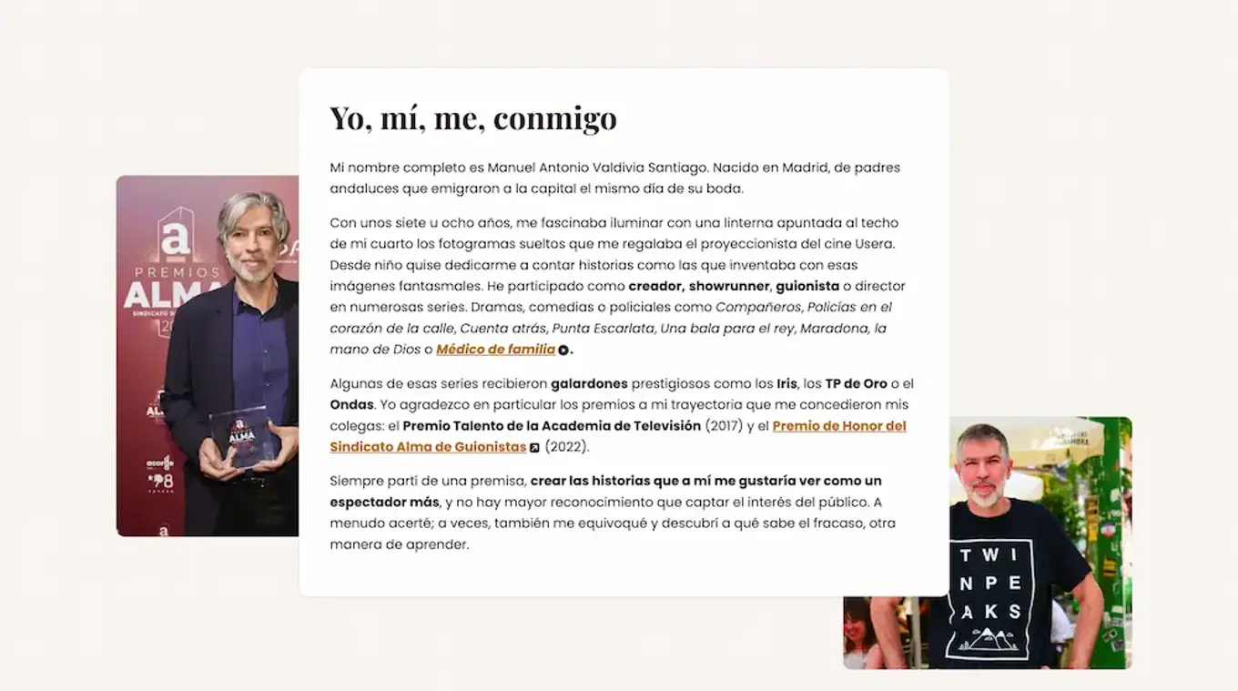 Sección 'Yo, mí, me, conmigo' de manuelvaldivia.es, con Manuel Valdivia y el Premio de Honor del Sindicato ALMA de Guionistas