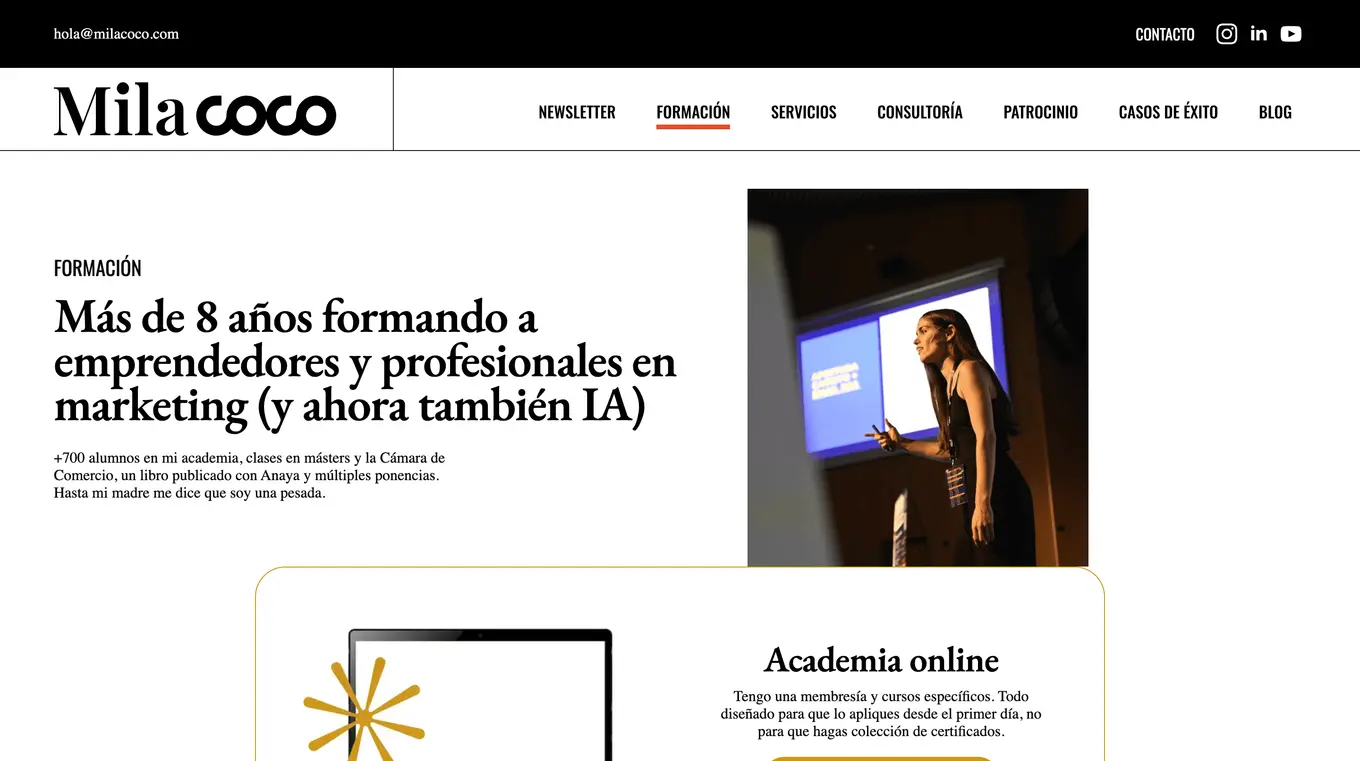 Página de formación de Mila Coco con más de 700 alumnos y un libro publicado con Anaya
