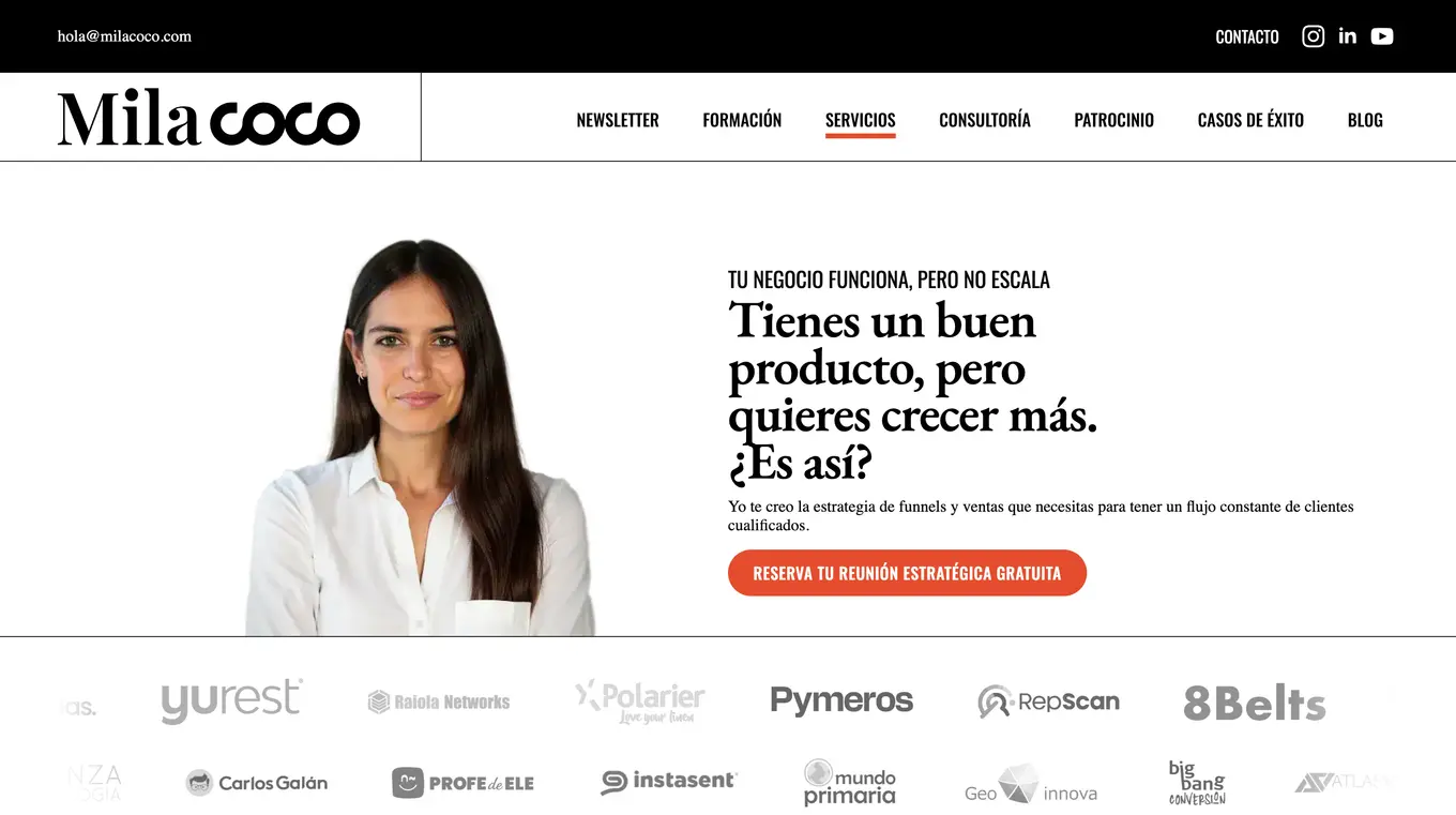Página de servicios de Mila Coco para escalar un negocio con embudos de venta