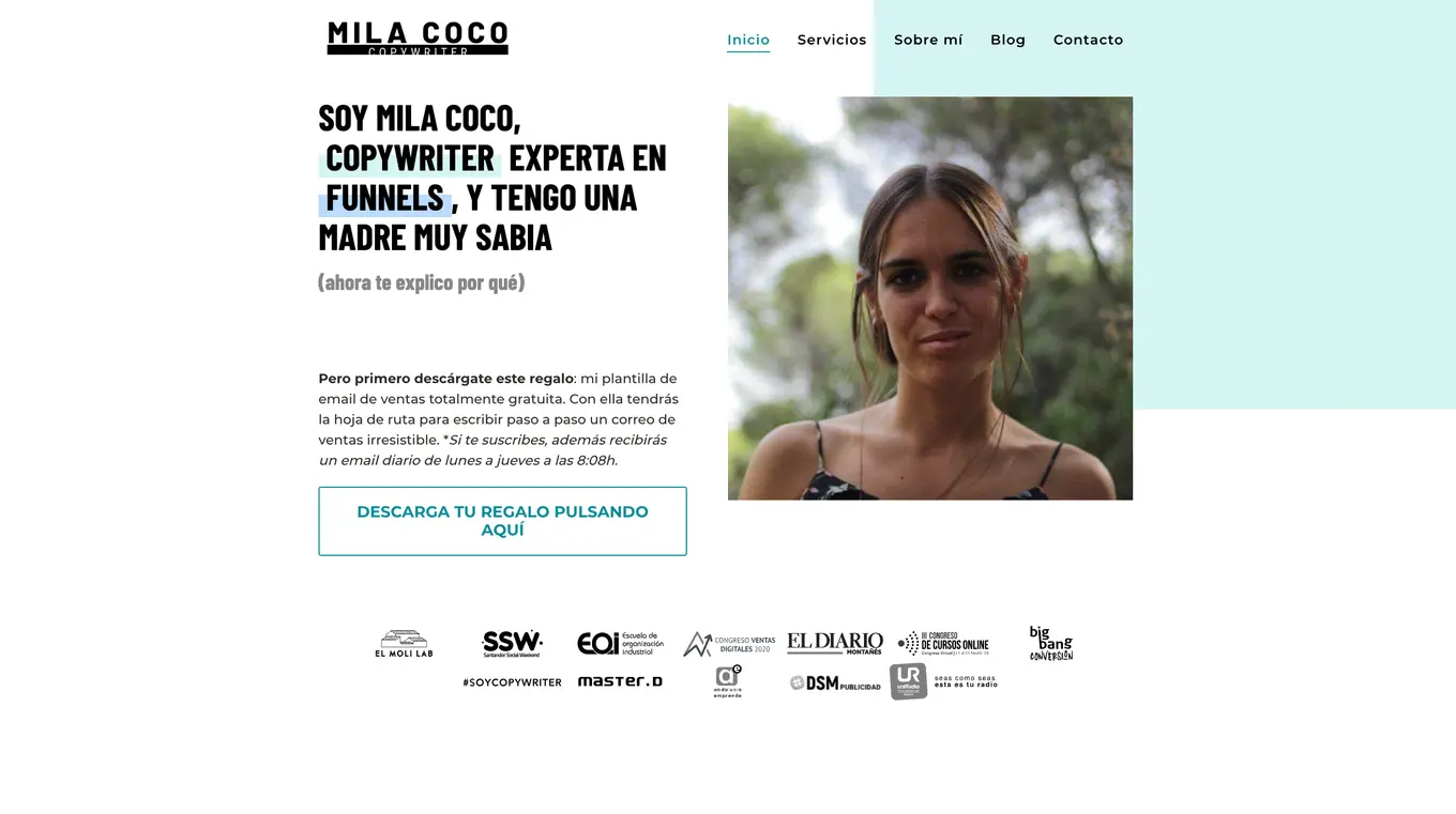 Portada de la primera versión de la web de Mila Coco, montada de urgencia