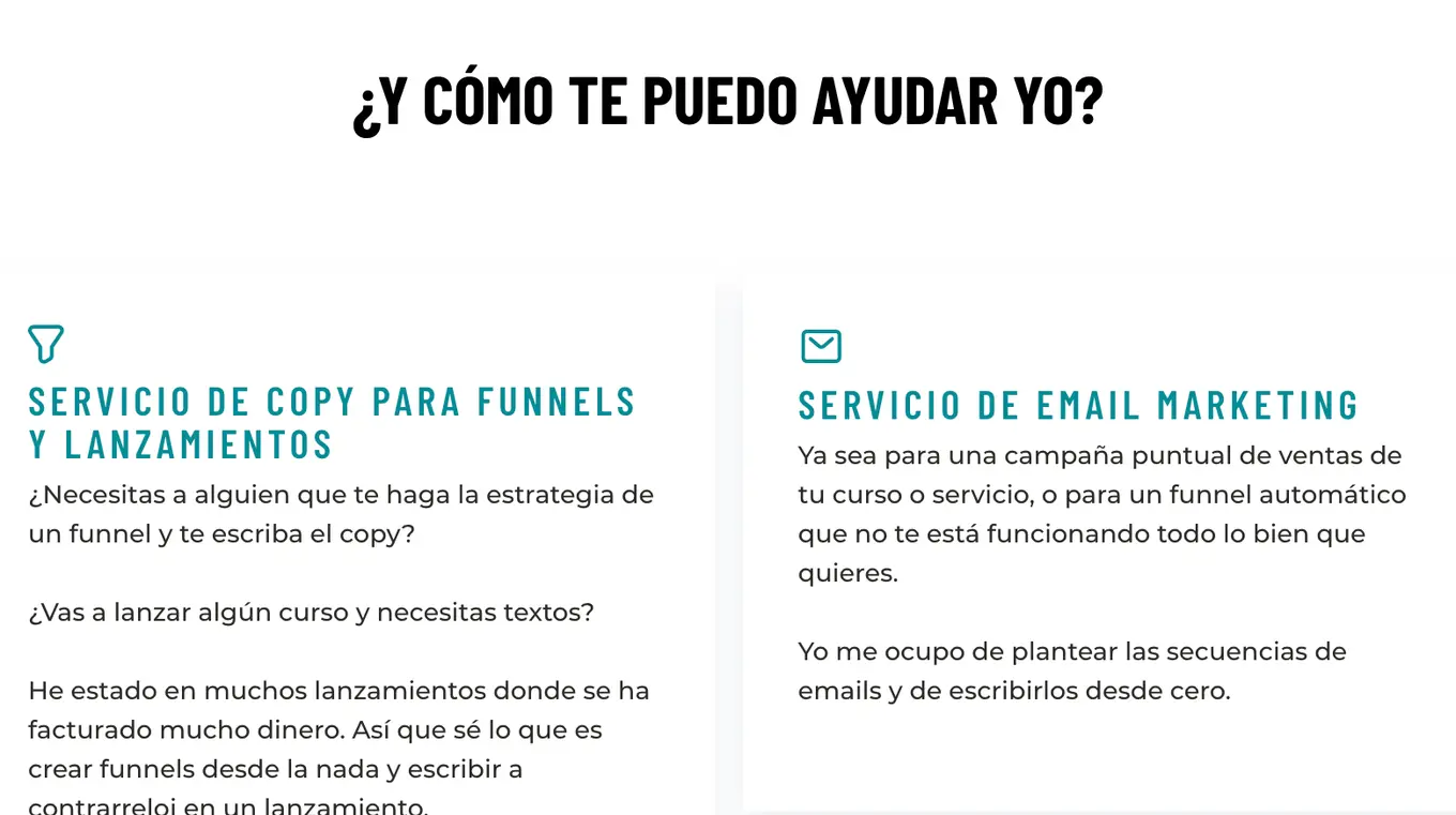 Sección de servicios de la primera versión de la web de Mila Coco