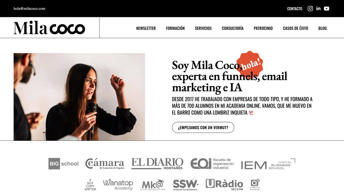 Portada de la web definitiva de Mila Coco, experta en funnels, email marketing e IA