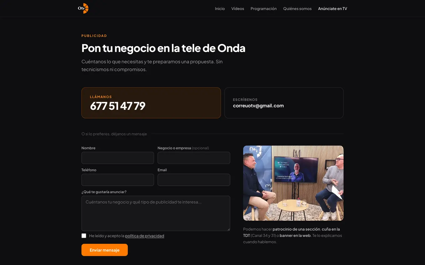 Página Anúnciate en TV de ondateve.es, con teléfono, email y formulario de contacto