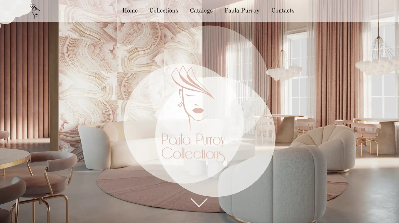 Portada de la web de Paula Purroy Collections con un ambiente a pantalla completa y la marca encima