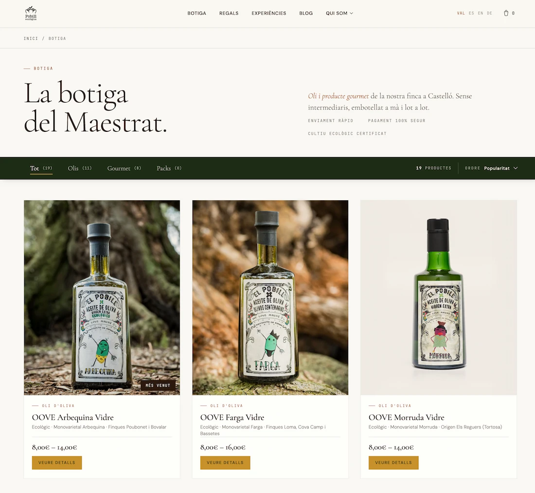 Catálogo de aceites de oliva y productos gourmet en la tienda de El Pobill Ecològics