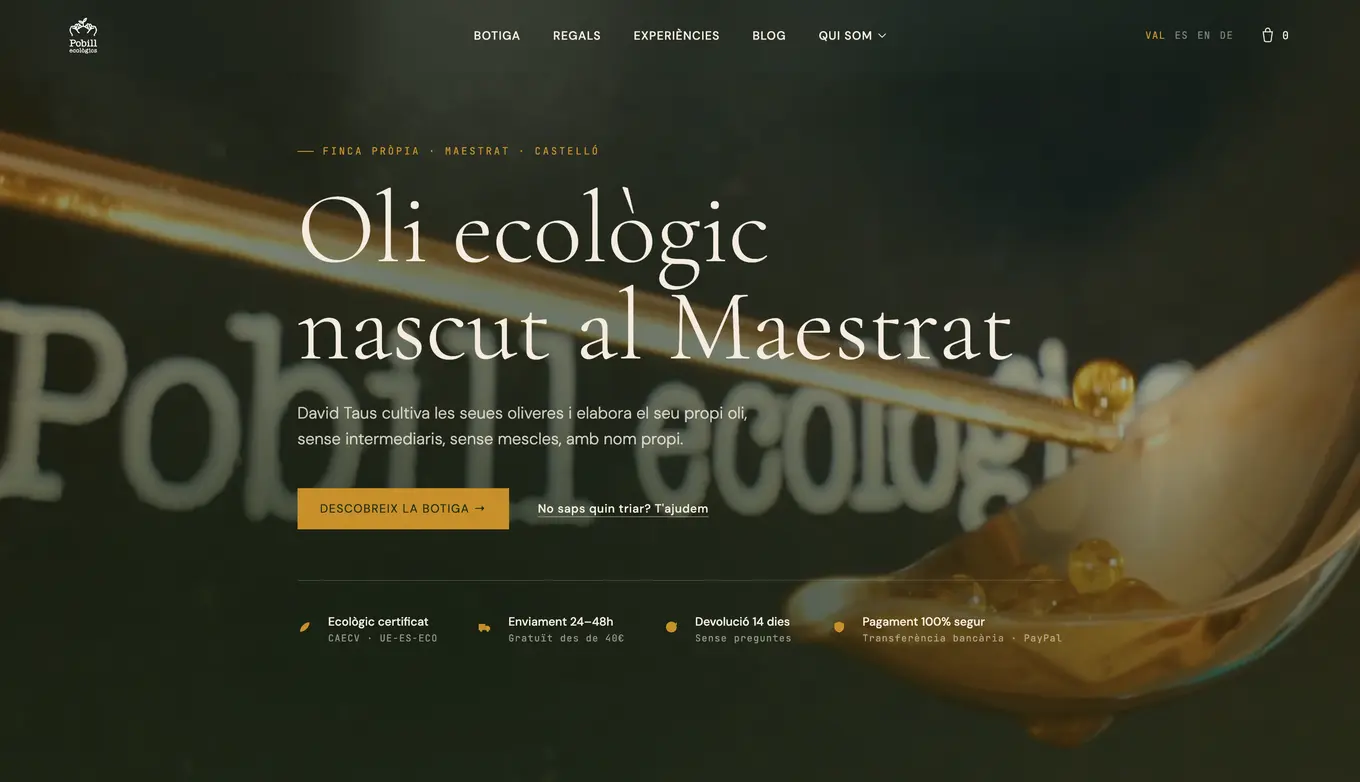 Portada de la web de El Pobill Ecològics, aceite de oliva ecológico del Maestrat