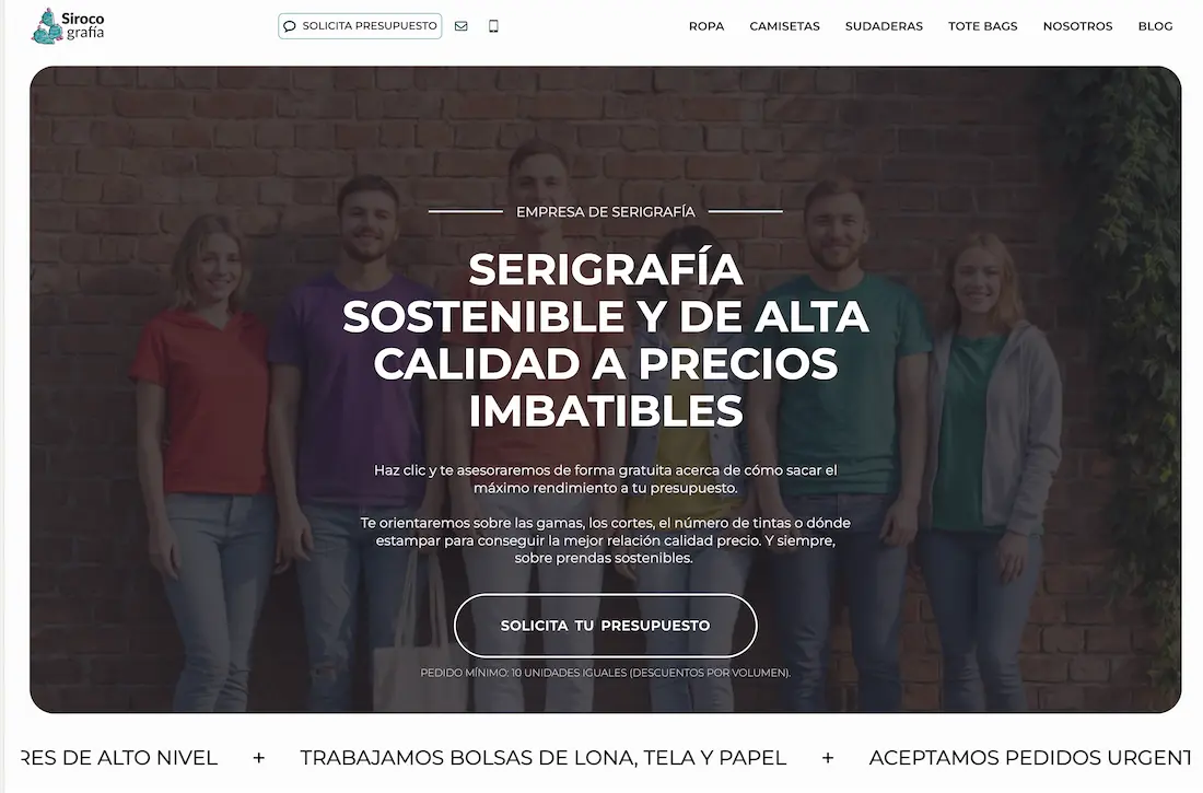 Home de Sirocografía con el botón Solicita Presupuesto siempre visible en el header