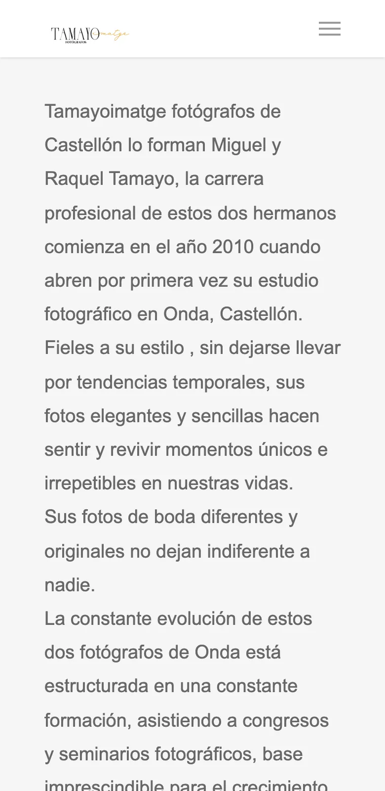 Página Nosotros de la web actual en móvil