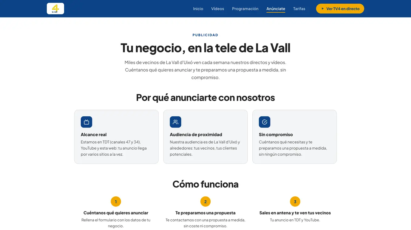 Página Anúnciate de teve4lavall.com, con el proceso de contratación de publicidad en tres pasos