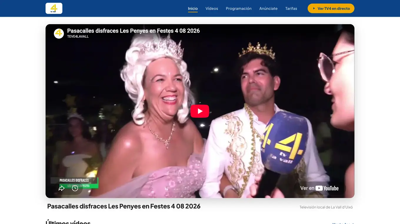 Portada de teve4lavall.com con el último vídeo del canal de YouTube organizado automáticamente