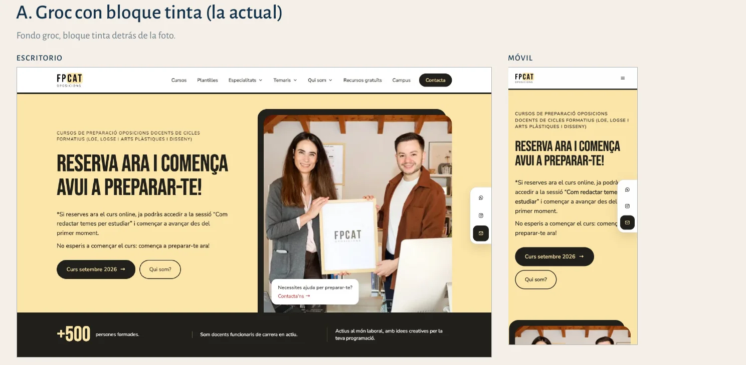 Página de opciones de portada del rediseño de FPCat: opción A con la versión de escritorio y la de móvil