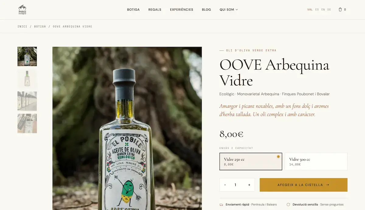 Ficha de producto de aceite de oliva virgen extra en la tienda de El Pobill Ecològics